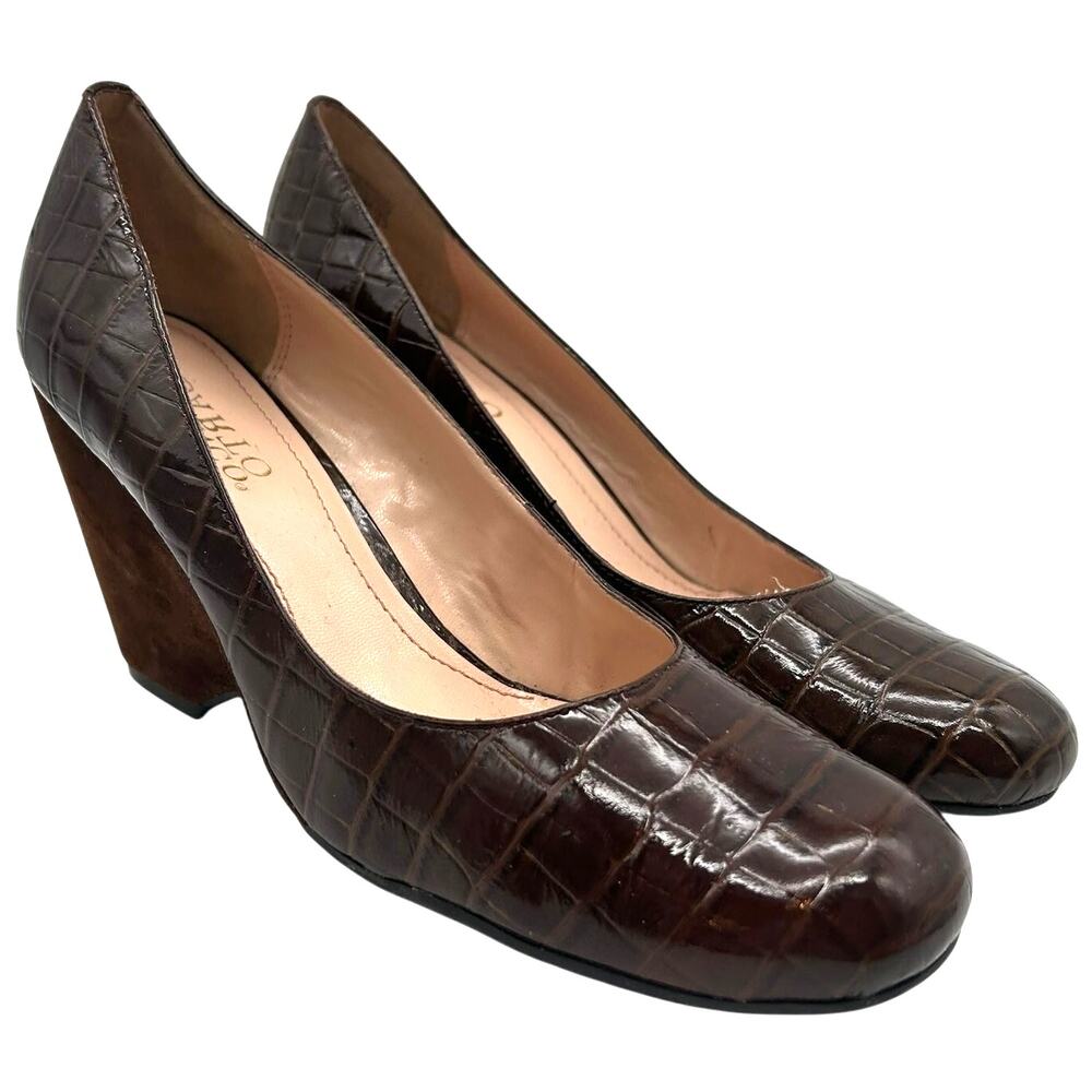 Franco Sarto Croc Embossed Patent Leather Wedge Pumps Size 9 Brown Office Fall